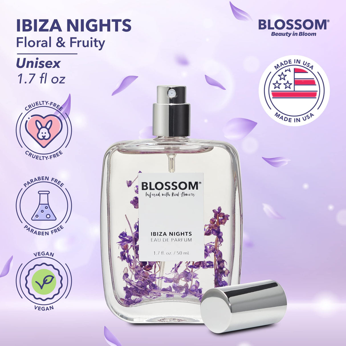 Blossom Unisex Eau De Parfum, Cruelty Free and Vegan Fragrance, Plant-based Perfume Spray, Infused with Real Flowers, Made in USA, 1.7oz, (White Calla Lily, Grapefruit, Sundrenched Flowers), Slay