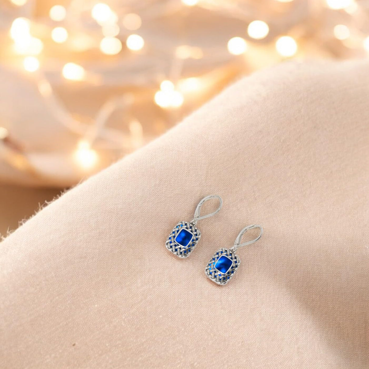 Bottled Up Designs Handmade Vintage Quilted Square Leverback Earrings, Sterling Silver, Eco Friendly, Made in USA, Birthday Gifts, Mothers Day, Women (Cobalt)