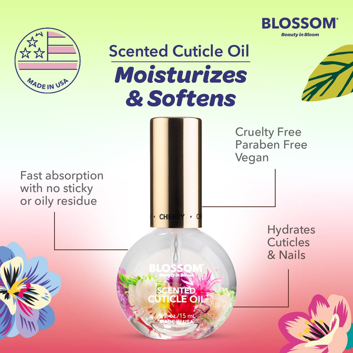 Blossom Scented Cuticle Oil, Infused with Real Flowers, Hydrating, Moisturizing, Strengthening, Made in USA, 0.5 fl. oz, Amazon Exclusive, Watermelon