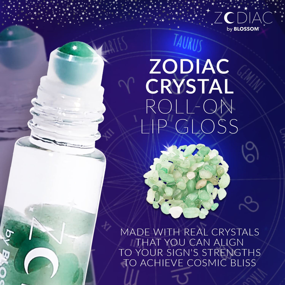 Blossom Zodiac Sign Roll-On Lip Gloss, Vanilla Scented + Moisturizing with Crystals, Made in USA, 0.20 fl. oz./5.9ml, Aquarius