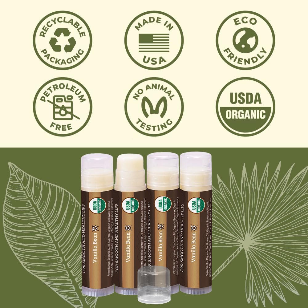 USDA Organic Lip Balm 6-Pack by Earth's Daughter Stocking Stuffers - Fruit Flavors, Beeswax, Coconut Oil, Vitamin E - Best Lip Repair Chapstick for Dry Cracked Lips - Moisturizing Lip Care