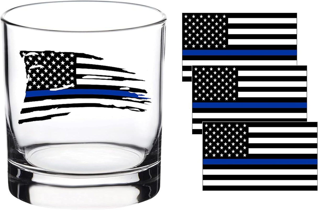 Rogue River Tactical Tattered Thin Blue Line Old Fashioned Whiskey Glass Drinking Cup And Three Blue Line USA Flag Sticker Gift Set Bundle For Police Officer Law Enforcement Combo