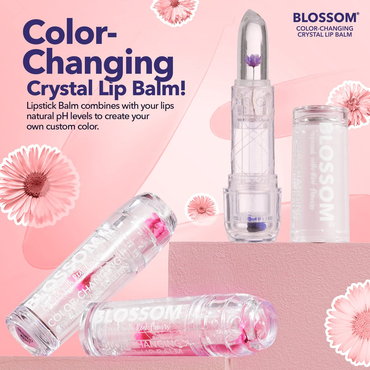 Blossom Moisturizing pH Color Changing Shimmering Lip Balm Sparkle Lip Stain Tint, Infused with Real Flowers, 3g, Electric Pink