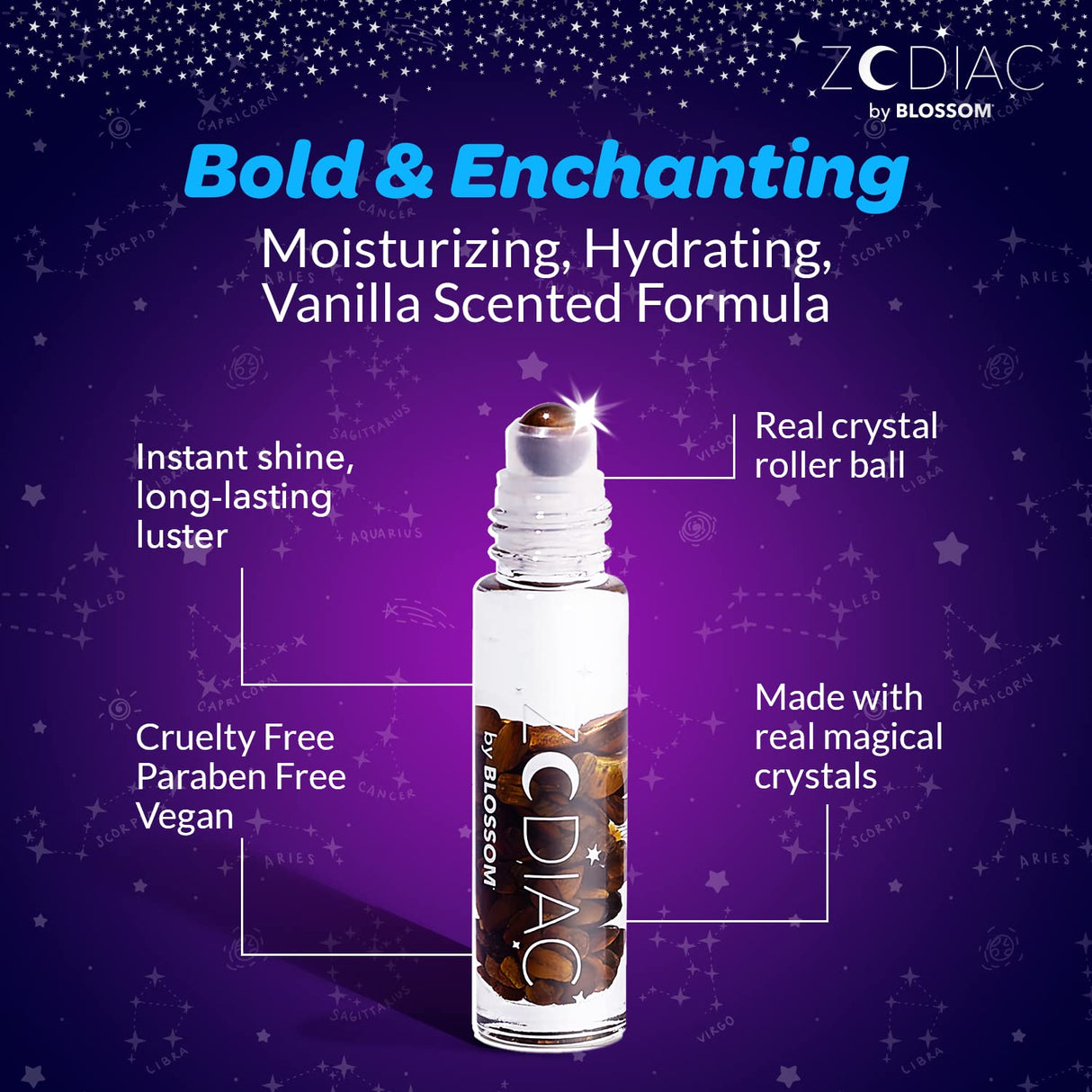 Blossom Zodiac Sign Roll-On Lip Gloss, Vanilla Scented + Moisturizing with Crystals, Made in USA, 0.20 fl. oz./5.9ml, Aquarius