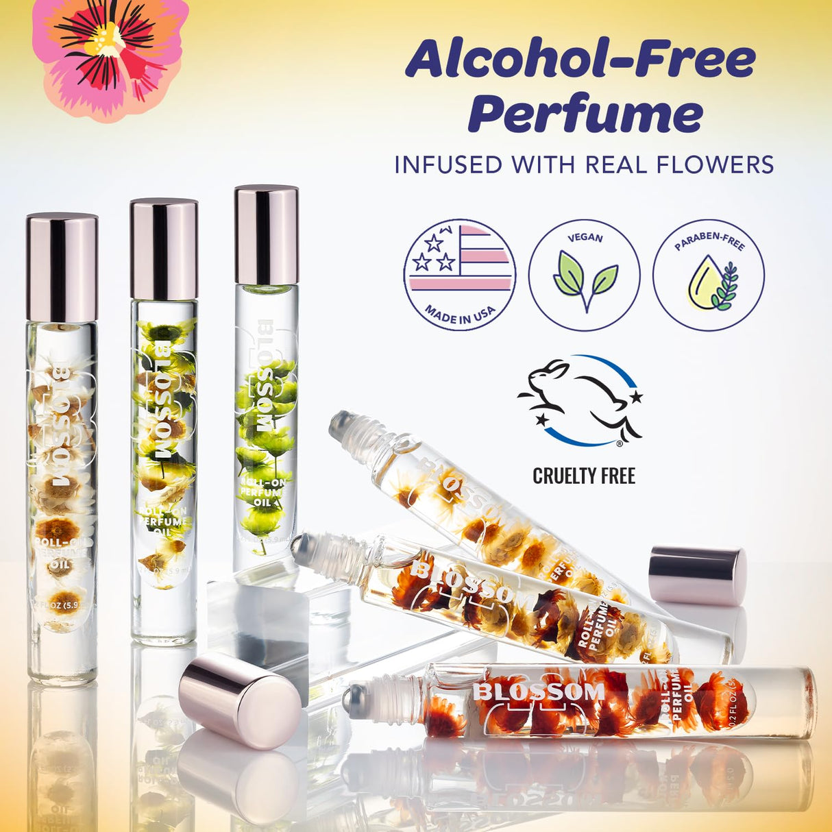 Blossom Roll on Perfume Oil for Women, Alcohol Free Rollerball Perfume with Essential Oil, Infused with Real Flowers, Made in USA, 0.20 oz (Lemon, Bergamot, Violet, White Musk), Cactus Flower