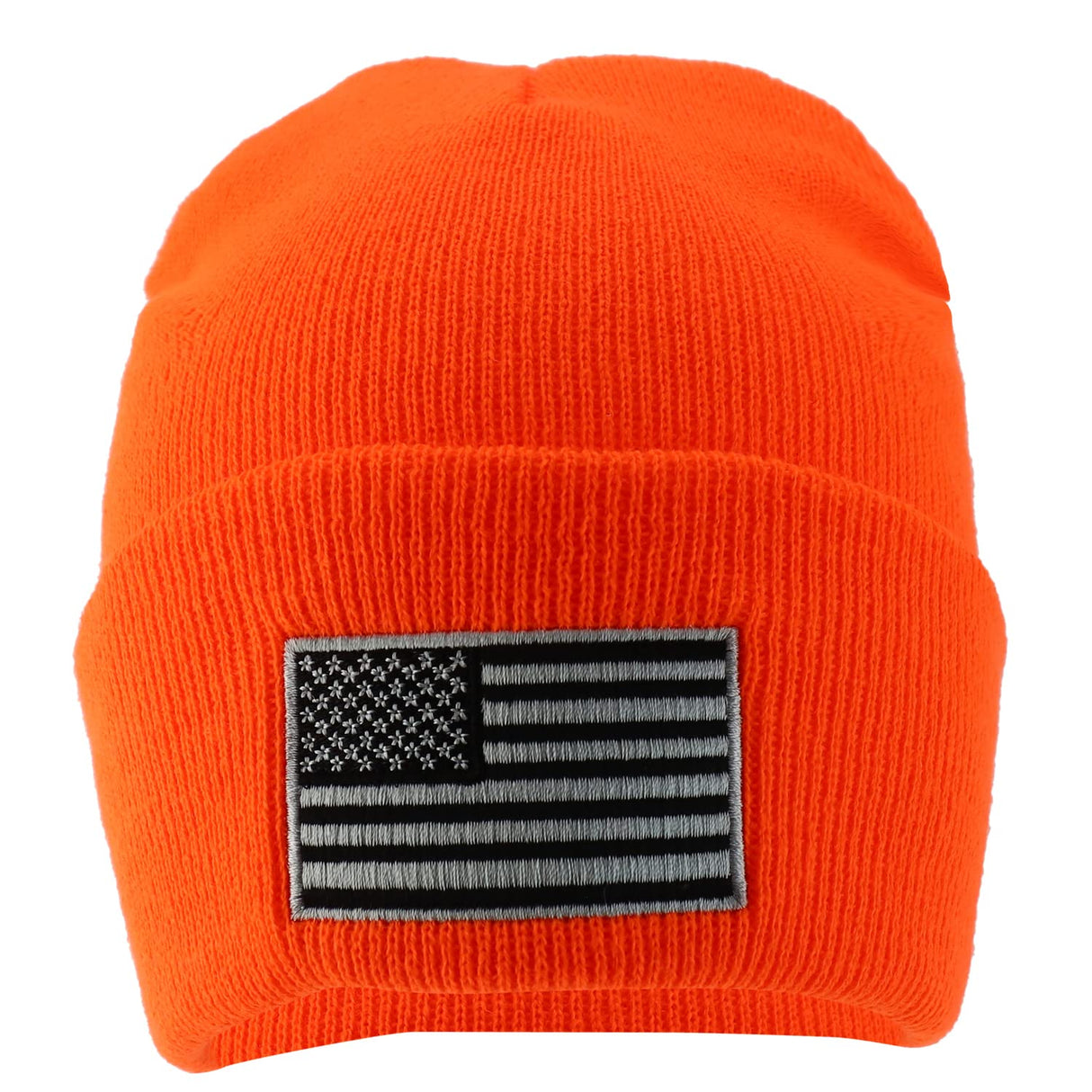 Made in USA Grey American Flag Embroidered Knit Cuff Long Beanie