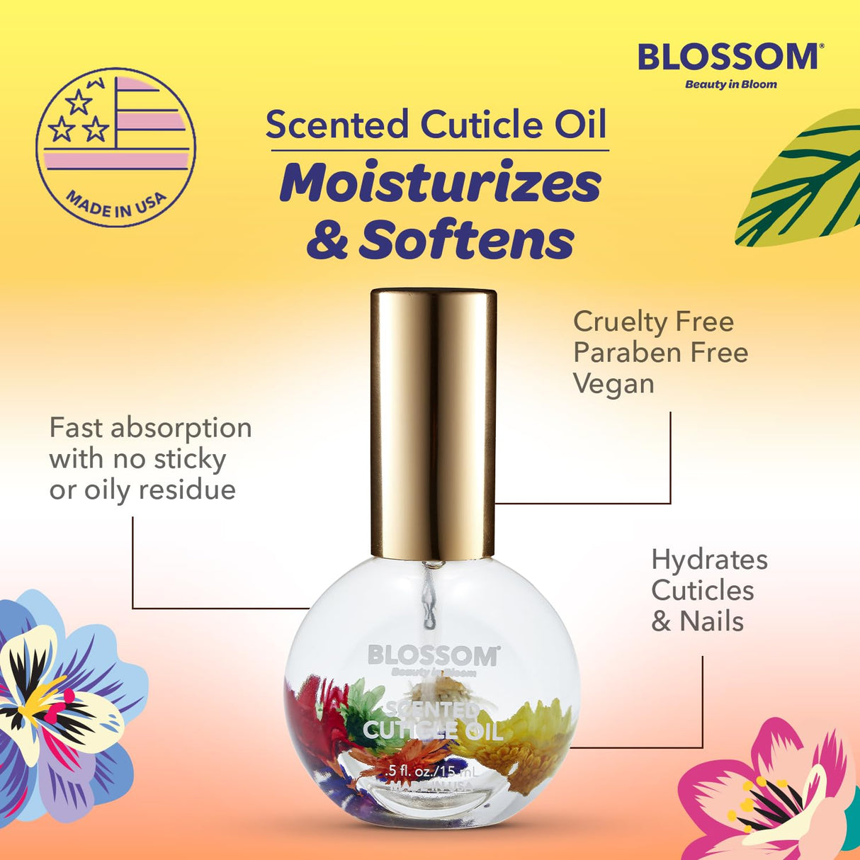 Blossom Scented Cuticle Oil, Infused with Real Flowers, Hydrating, Moisturizing, Strengthening, Made in USA, 0.5 fl. oz, Amazon Exclusive, Watermelon