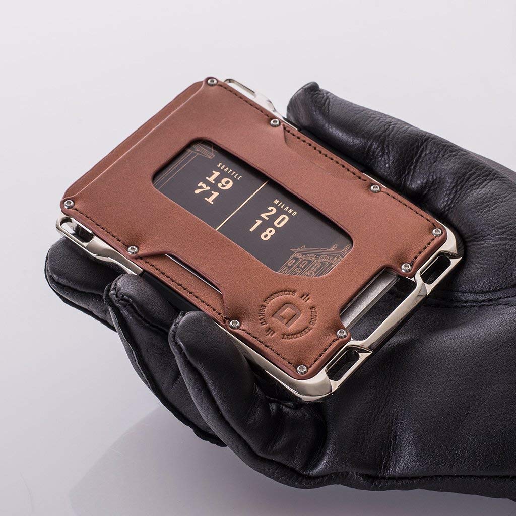Dango Slim Minimalist Wallet for Men - RFID Blocking - Nickel Plated, Whiskey Brown/Polished Nickel