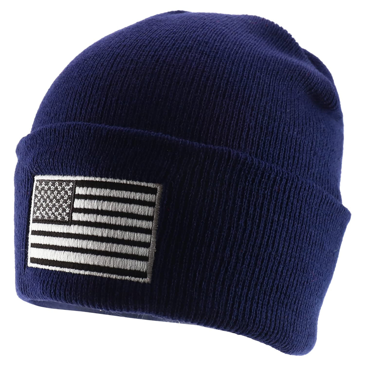 Made in USA Grey American Flag Embroidered Knit Cuff Long Beanie