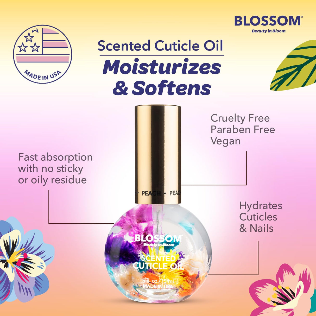 Blossom Scented Cuticle Oil, Infused with Real Flowers, Hydrating, Moisturizing, Strengthening, Made in USA, 0.5 fl. oz, Amazon Exclusive, Watermelon