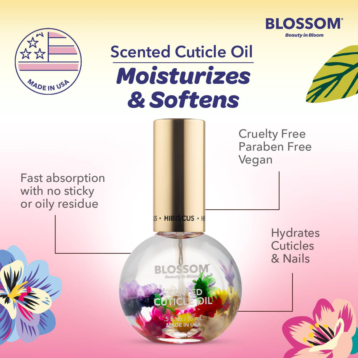 Blossom Scented Cuticle Oil, Infused with Real Flowers, Hydrating, Moisturizing, Strengthening, Made in USA, 0.5 fl. oz, Amazon Exclusive, Watermelon