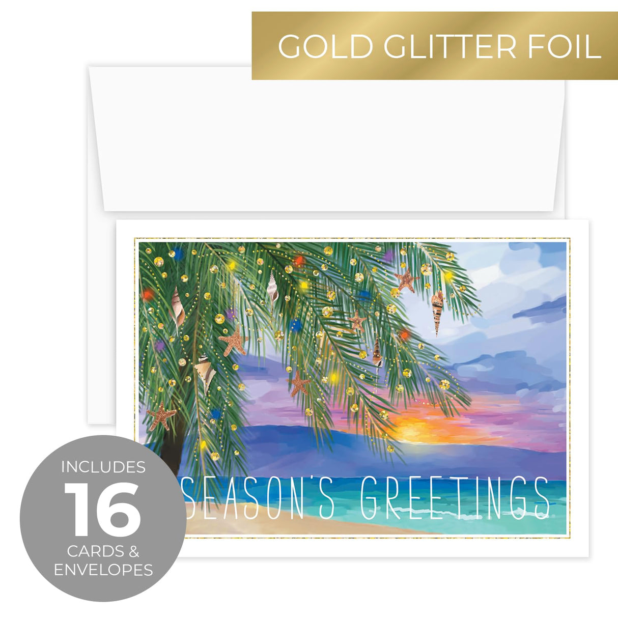 Masterpiece Sparkling Santa Christmas Cards / 16 Festive Holiday Cards Set With White Envelopes / 5 5/8" x 7 7/8" Winter Gold Foil Greeting Cards With Inside Verse/Made In The USA