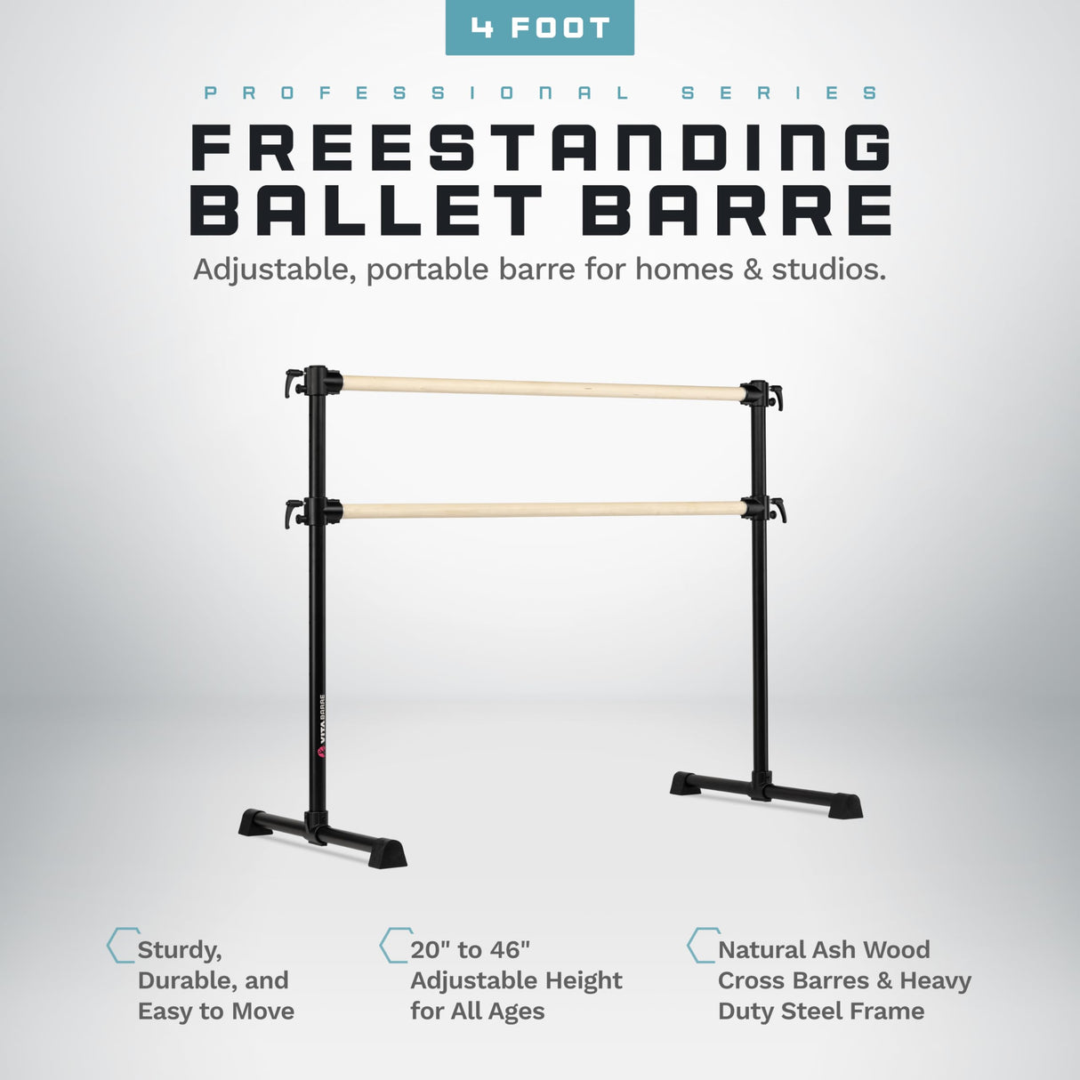 VITA Barre Portable Freestanding Double Ballet Barre, Professional | Adjustable Height, Made in USA, Home or Gym Exercise Equipment for Kids & Adults | Dance, Fitness, Pilates