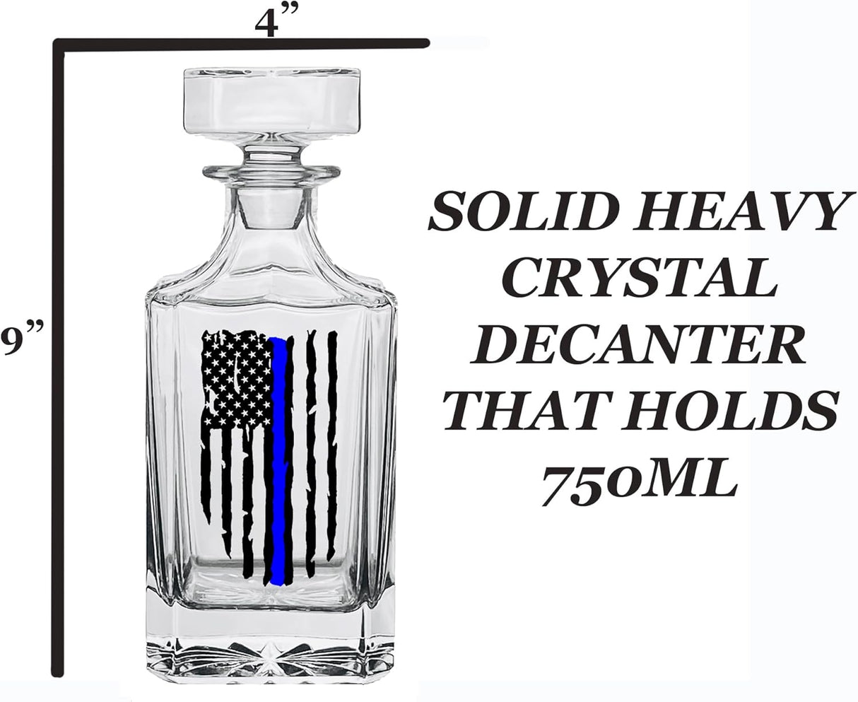 Blue Line Tattered Flag Bar ware Bundle Police Officer Whiskey, Decanter With heavy Glass Stopper, Shot Glass Custom Gift Set For Men Dad Veteran Father's Day PD Police Officer Combo