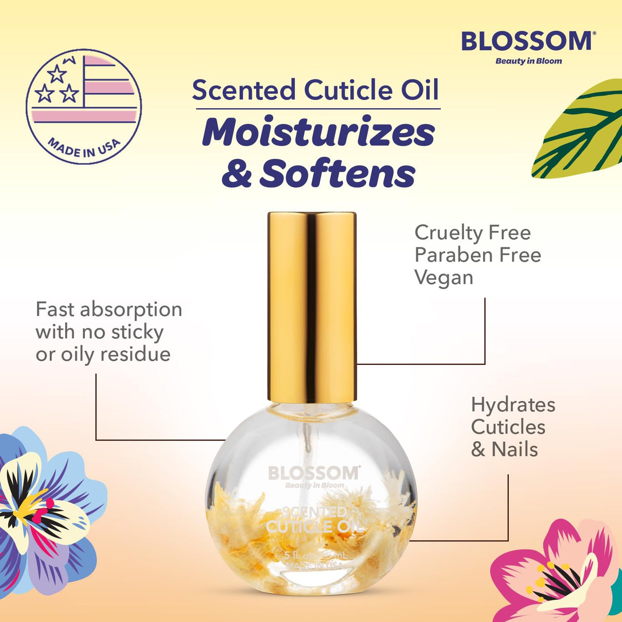 Blossom Scented Cuticle Oil, Infused with Real Flowers, Hydrating, Moisturizing, Strengthening, Made in USA, 0.5 fl. oz, Amazon Exclusive, Watermelon