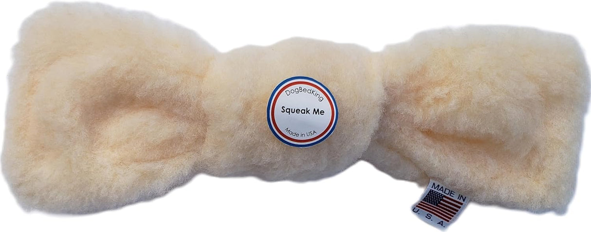 Made in USA 13 inch x 4 inch Imitation Sheepskin Plush Tuggy Knot Dog Toy - No Stuffing Squeaky Dog Toy, For Medium And Large Breeds. No Fill Cream Color.