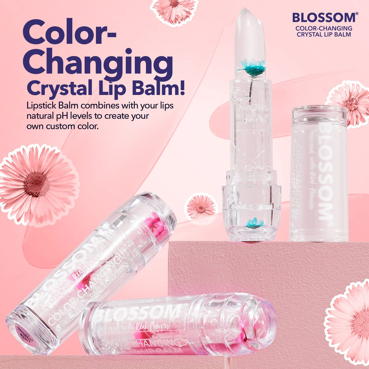 Blossom Moisturizing pH Color Changing Shimmering Lip Balm Sparkle Lip Stain Tint, Infused with Real Flowers, 3g, Electric Pink