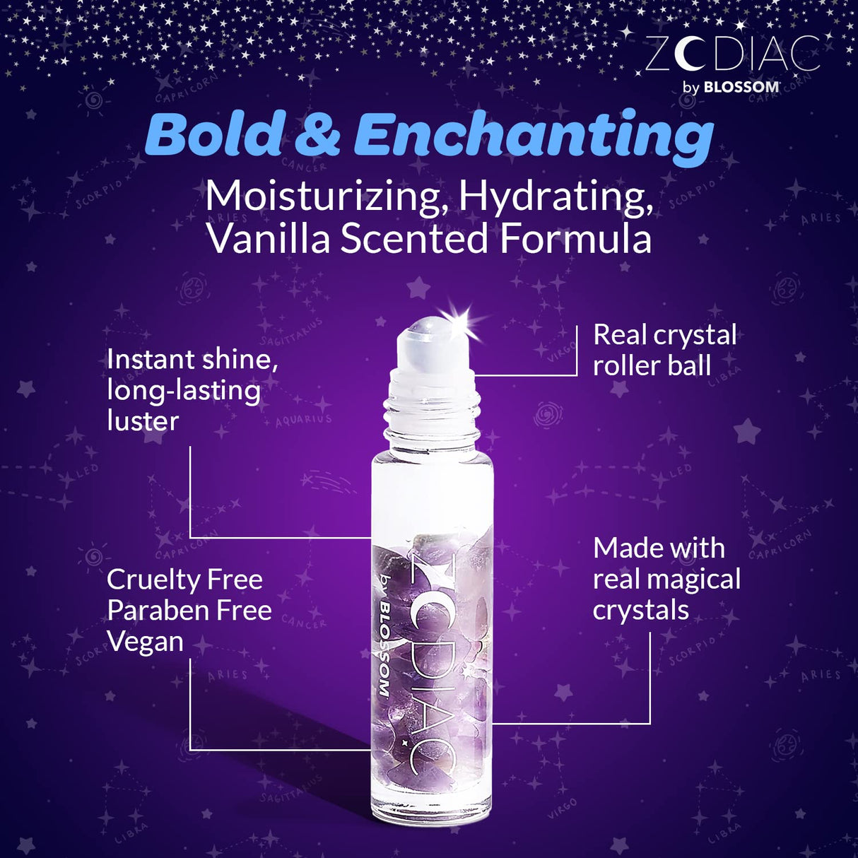 Blossom Zodiac Sign Roll-On Lip Gloss, Vanilla Scented + Moisturizing with Crystals, Made in USA, 0.20 fl. oz./5.9ml, Aquarius