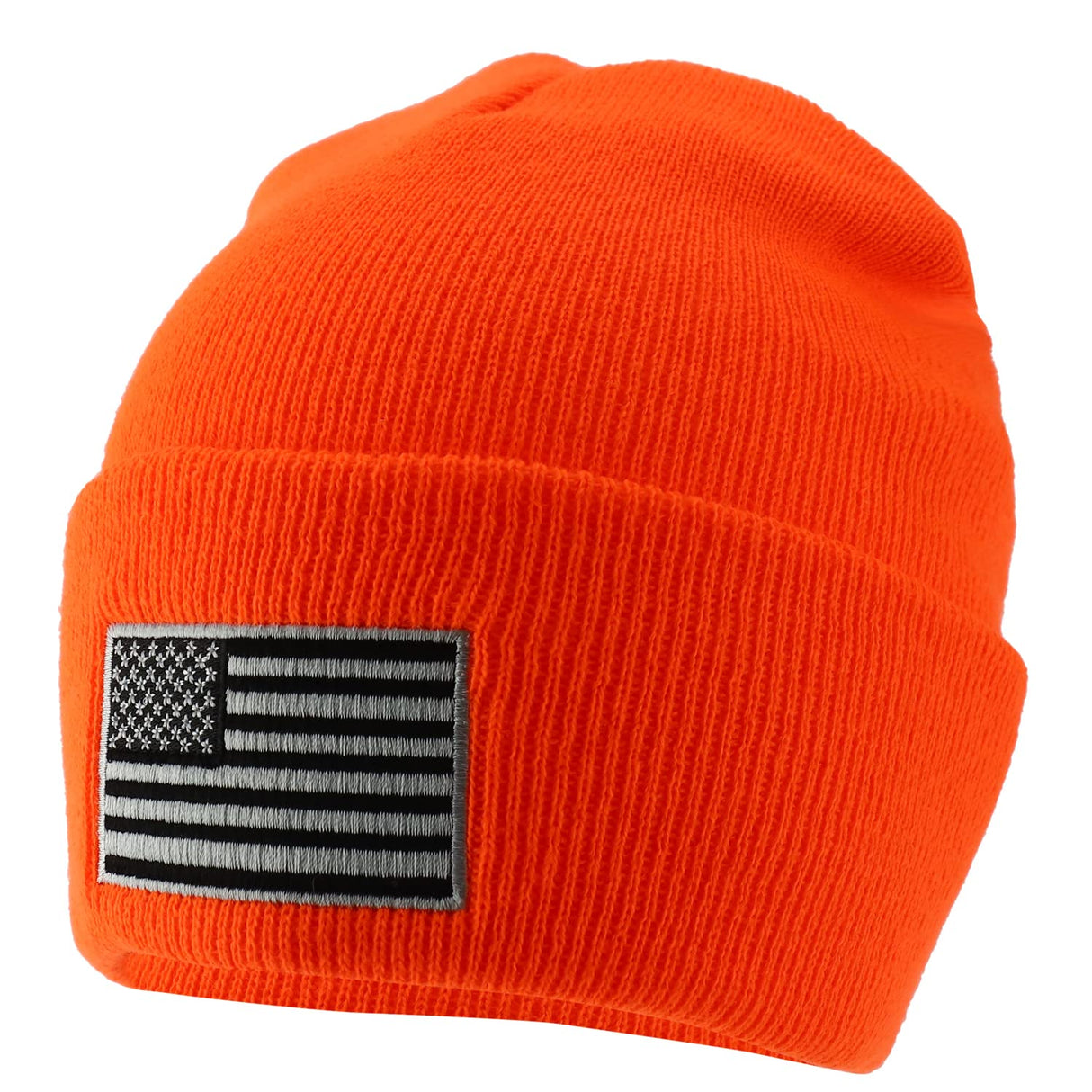 Made in USA Grey American Flag Embroidered Knit Cuff Long Beanie