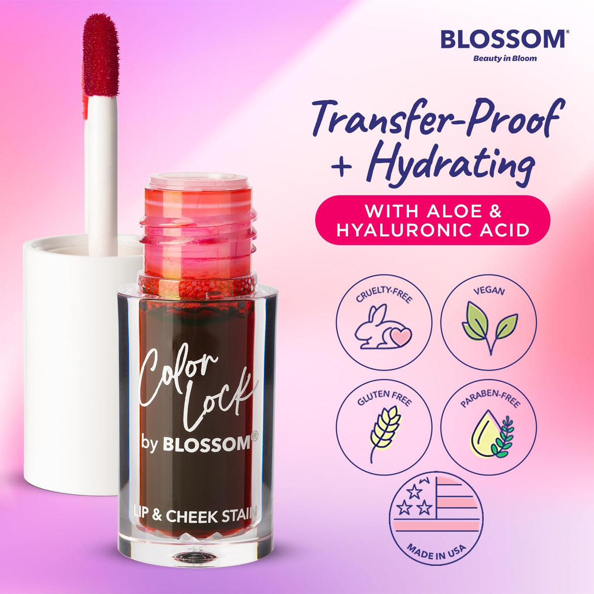 Blossom Color Lock Hydrating Longlasting Lip Stain and Tint for Lips & Cheek, Buildable, Non Drying, Smudgeproof + Transfer Proof, Made in USA with Doe Foot Applicator, 0.14 fl oz/4ml, Blooming Rose