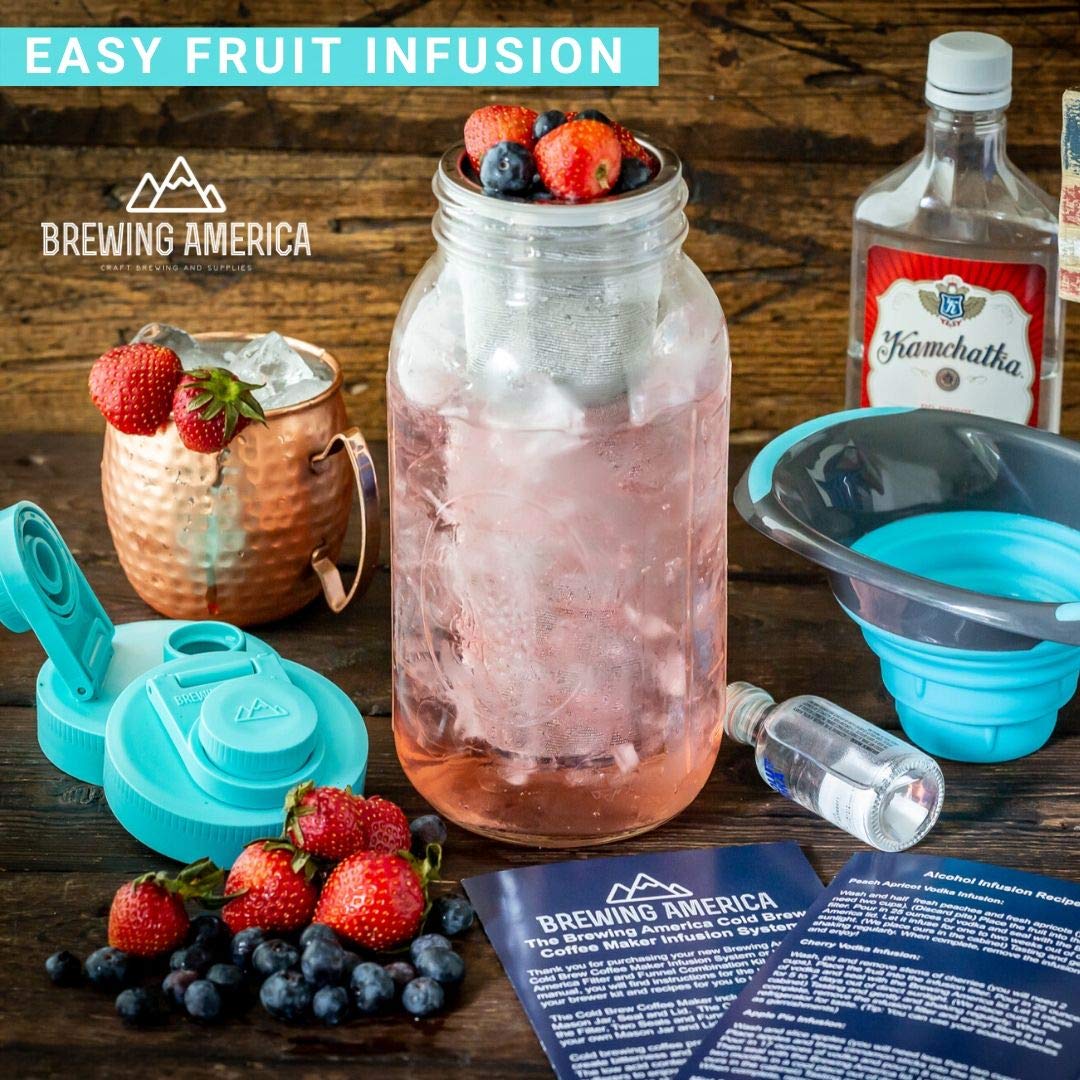 Brewing America Mason Jar Cold Brew Coffee Maker Infuser: Made in USA Wide Mouth Mason Jar with Screw Top Pour and Drinking Lid, Stainless Steel Filter - Coffee, Tea, Alcohol - 2 Quart 64 oz Blue Lid