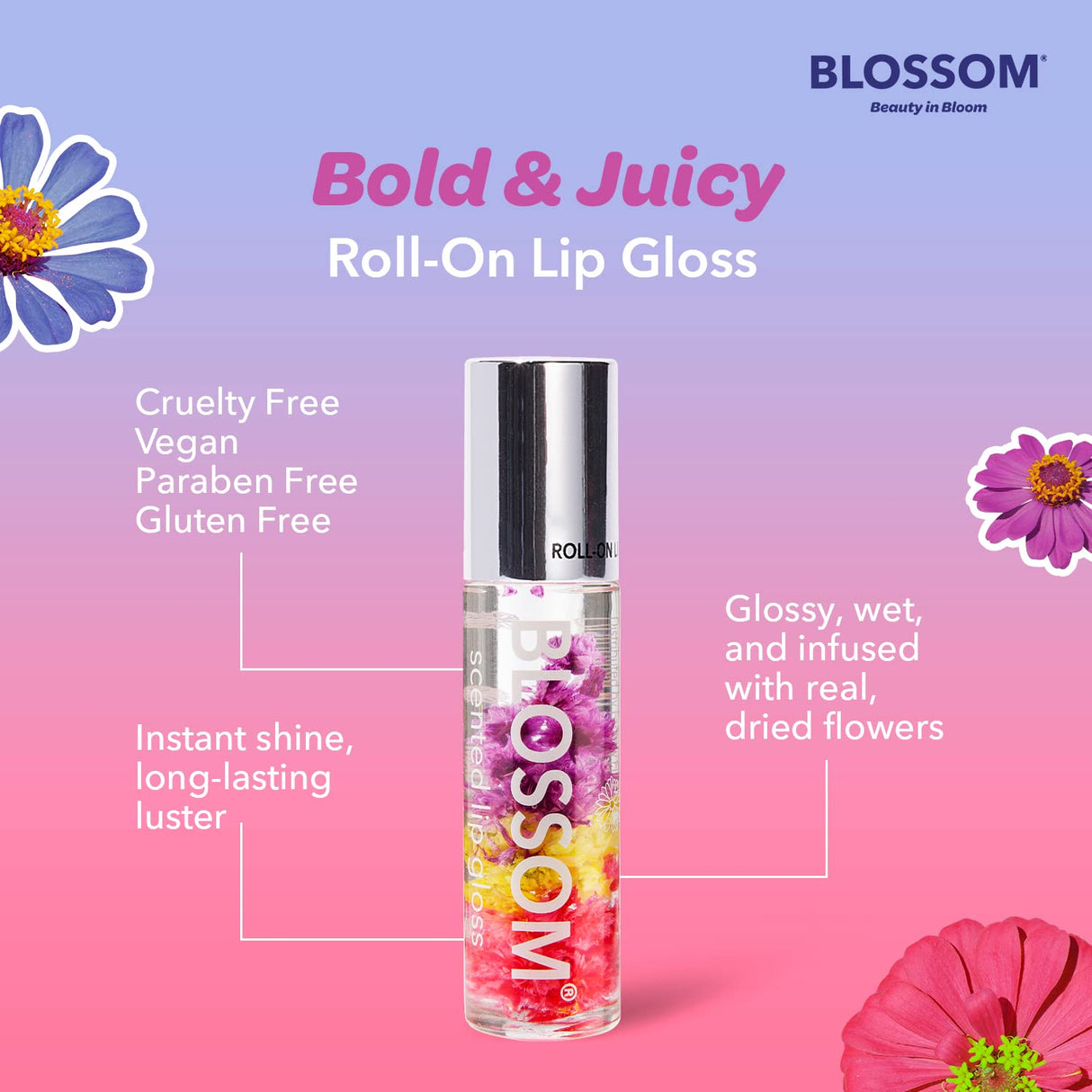 Blossom Scented Roll on Lip Gloss, Infused with Real Flowers, Made in USA, 0.20 fl. oz./5.9ml, Watermelon