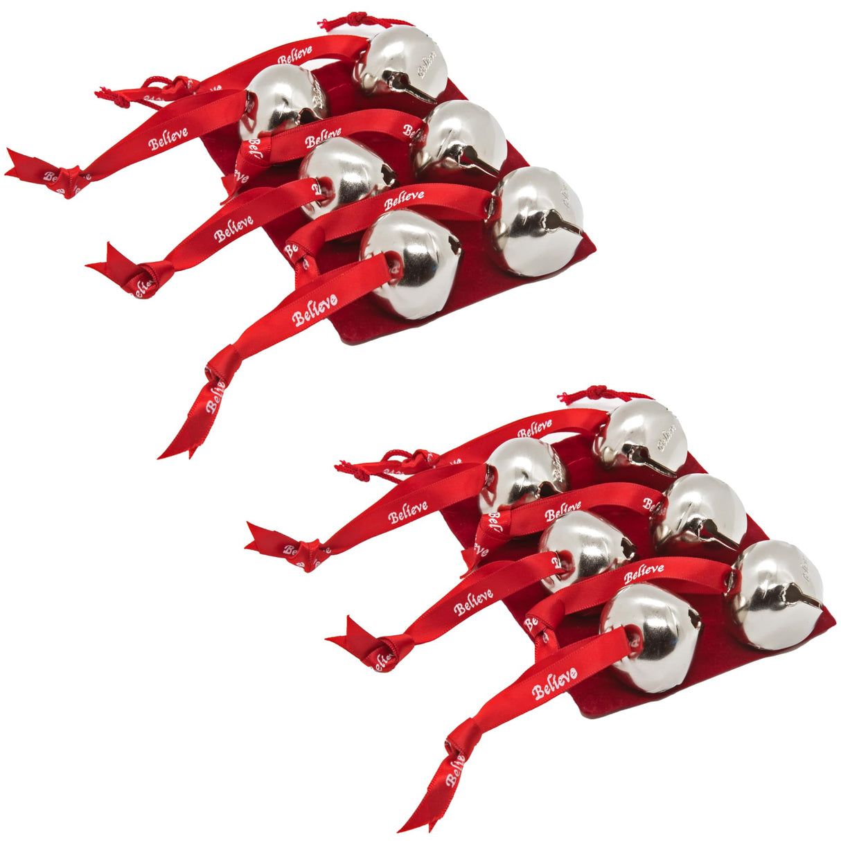 Bevin Bells Believe Sleigh Bells Ornament (3-Pack) | 1.5" Made of Steel | Hanging Bells with a Red Satin Believe Ribbon | Great Tone | Xmas Gift or Stocking Stuffer | Made in The USA