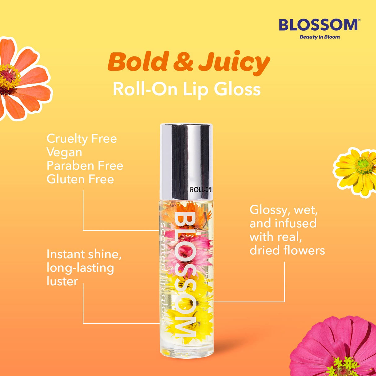 Blossom Scented Roll on Lip Gloss, Infused with Real Flowers, Made in USA, 0.20 fl. oz./5.9ml, Watermelon