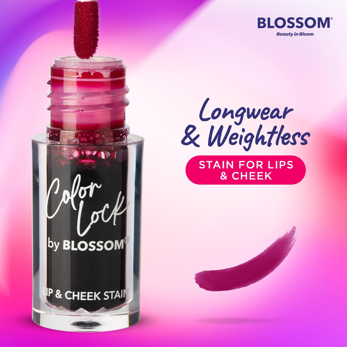 Blossom Color Lock Hydrating Longlasting Lip Stain and Tint for Lips & Cheek, Buildable, Non Drying, Smudgeproof + Transfer Proof, Made in USA with Doe Foot Applicator, 0.14 fl oz/4ml, Blooming Rose