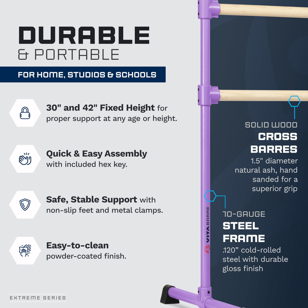 VITA Barre Portable Freestanding Double Ballet Barre, Extreme, Wood | Fixed Height, Made in USA, Home or Gym Exercise Equipment for Kids & Adults | Dance, Fitness, Pilates