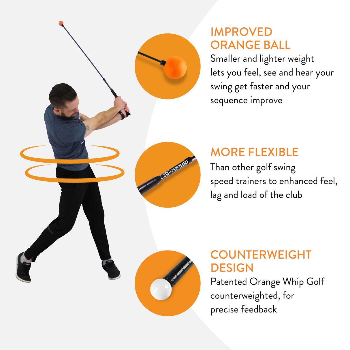 Orange Whip Lightspeed Golf Swing Trainer Aid Patented & Made in USA- Speed Stick Improves Speed, Distance and Accuracy (45")