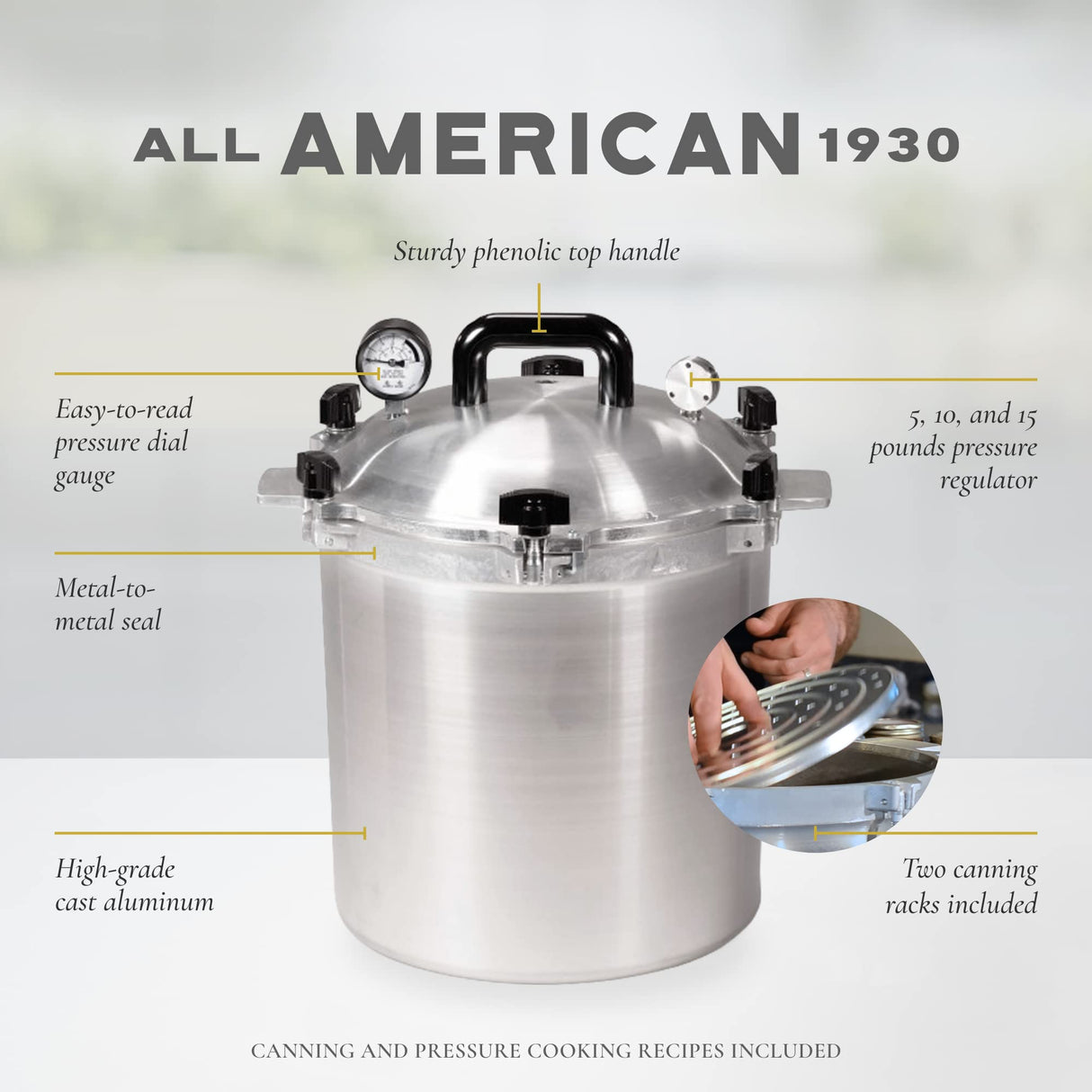 All American 1930: 10.5qt Pressure Cooker/Canner (The 910) - Exclusive Metal-to-Metal Sealing System - Easy to Open & Close - Suitable for Gas, Electric, or Flat Top Stoves - Made in the USA