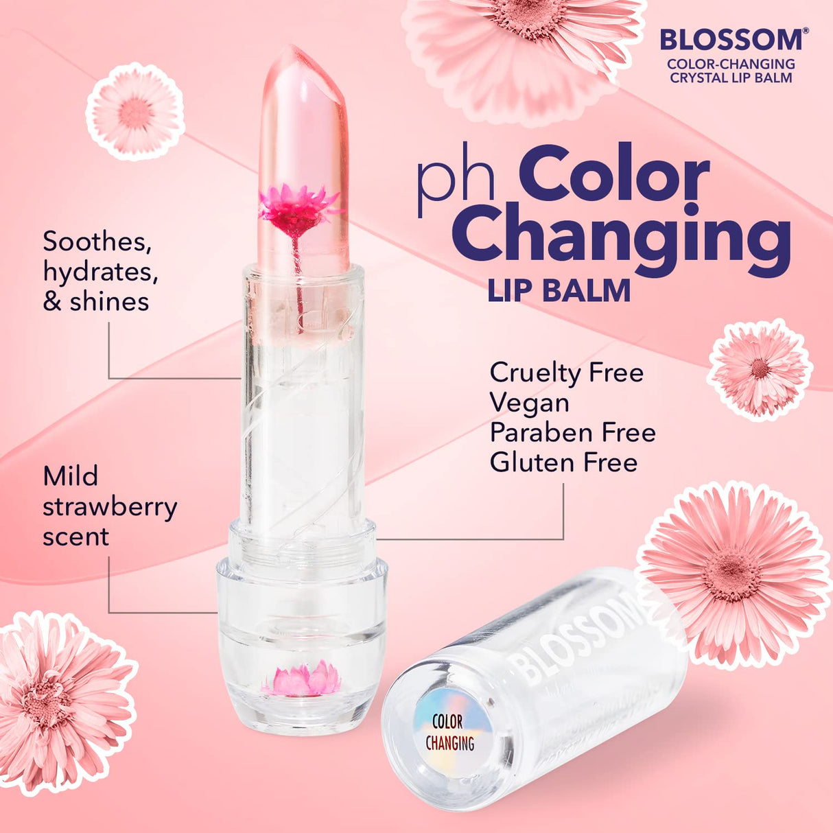 Blossom Moisturizing pH Color Changing Shimmering Lip Balm Sparkle Lip Stain Tint, Infused with Real Flowers, 3g, Electric Pink