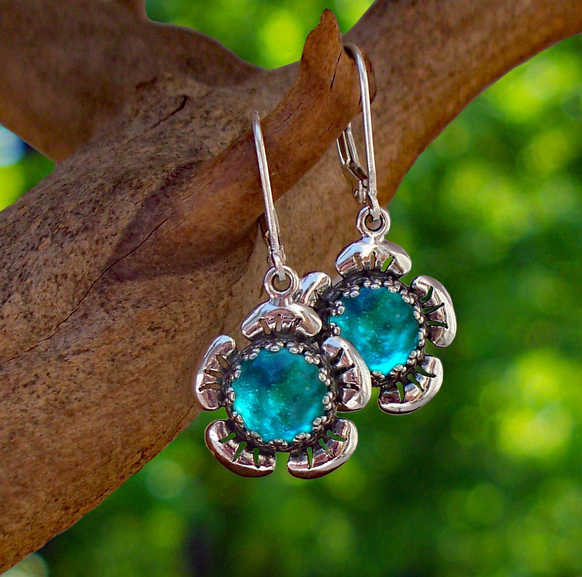 Bottled Up Designs Handmade Bloom Once More Earrings, Recycled Vintage Glass, Sterling Silver, Eco Friendly, Made in USA, Birthday Gifts, Mothers Day, Women, Anniversary (Olive Wine Bottle)