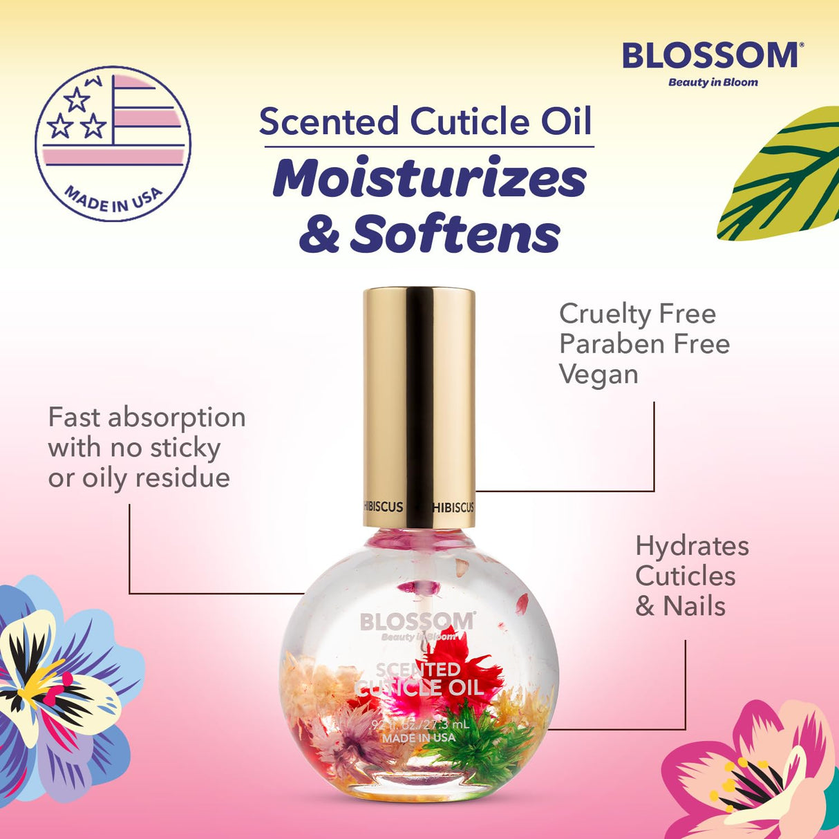 Blossom Scented Cuticle Oil, Infused with Real Flowers, Hydrating, Moisturizing, Strengthening, Made in USA, 0.5 fl. oz, Amazon Exclusive, Watermelon