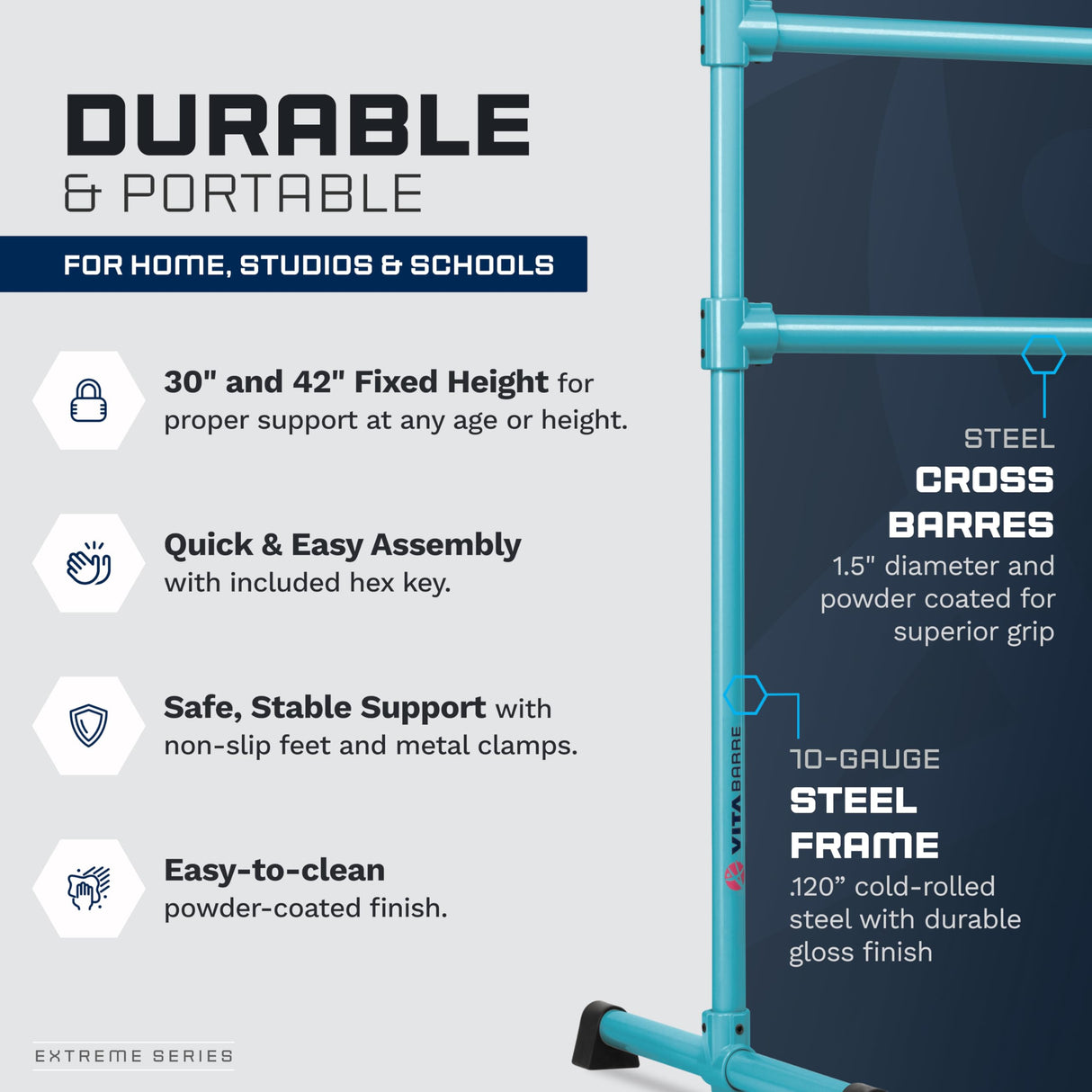VITA Barre Portable Freestanding Double Ballet Barre, Prodigy, Aluminum | Adjustable Height, USA Made, Home or Gym Exercise Equipment for Kids & Adults | Dance, Fitness, Pilates