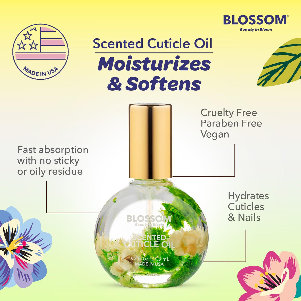 Blossom Scented Cuticle Oil, Infused with Real Flowers, Hydrating, Moisturizing, Strengthening, Made in USA, 0.5 fl. oz, Amazon Exclusive, Watermelon