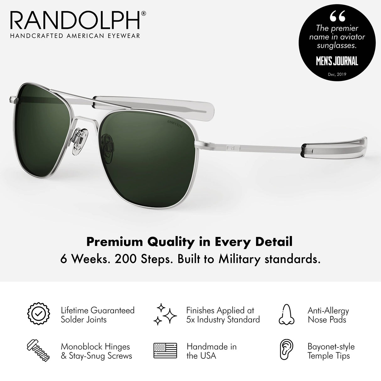 Mens or Womens Aviator Sunglasses, Matte Chrome, Classic, Polarized and Non-Polarized with UV Protection by Randolph USA