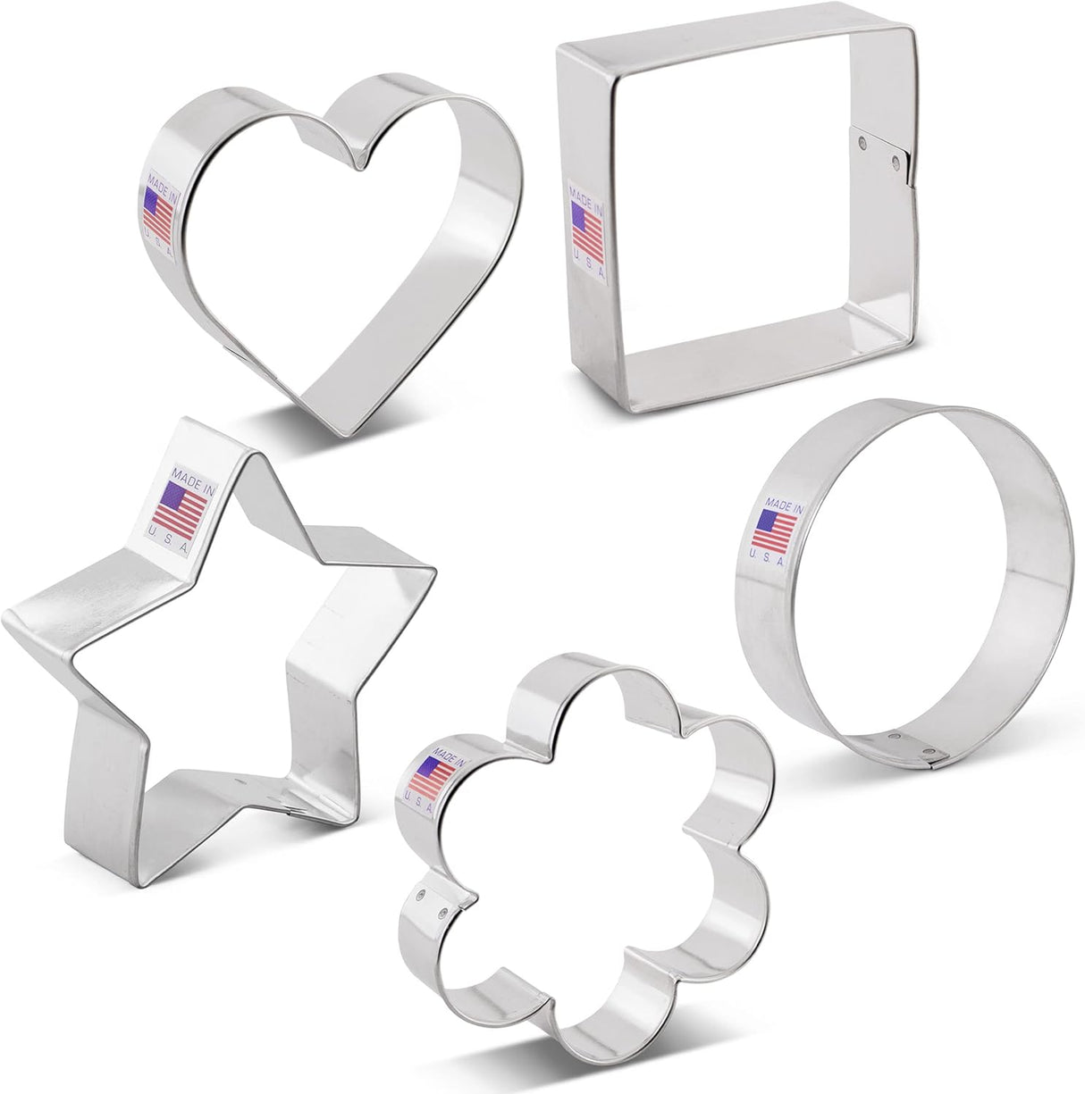 Basic Cookie Cutters 5-Pc. Set Made in USA by Ann Clark, Star, Heart, Circle, Square, Flower
