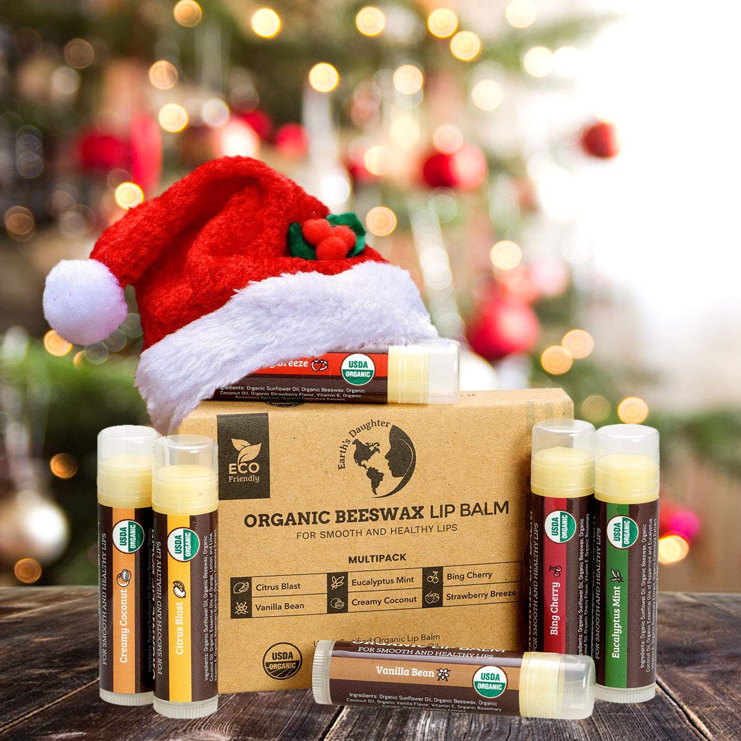USDA Organic Lip Balm 6-Pack by Earth's Daughter Stocking Stuffers - Fruit Flavors, Beeswax, Coconut Oil, Vitamin E - Best Lip Repair Chapstick for Dry Cracked Lips - Moisturizing Lip Care