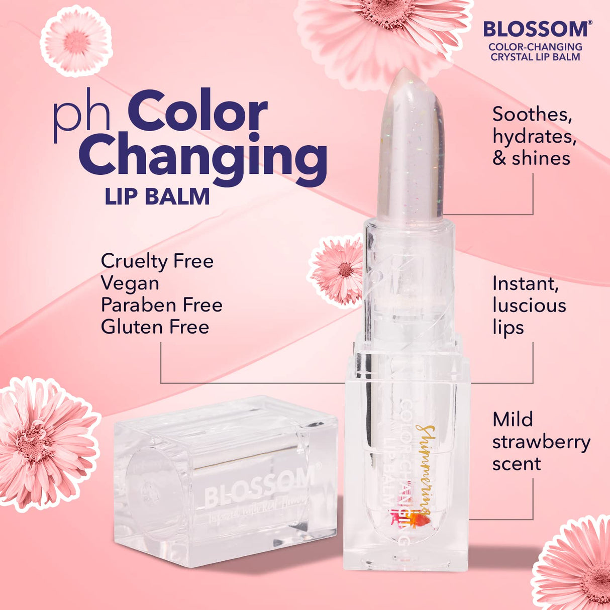 Blossom Moisturizing pH Color Changing Shimmering Lip Balm Sparkle Lip Stain Tint, Infused with Real Flowers, 3g, Electric Pink