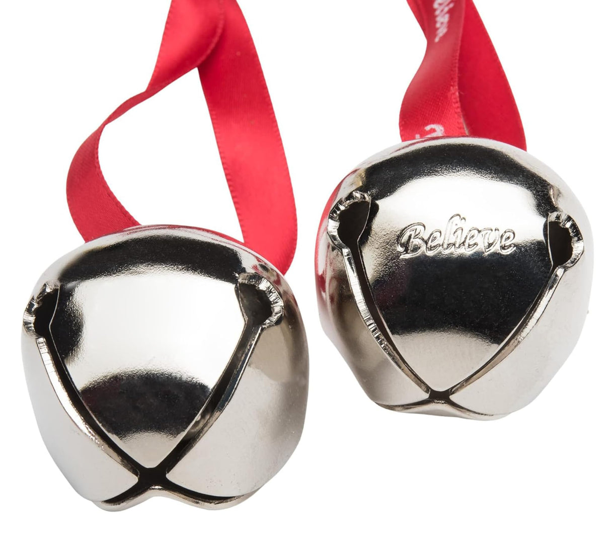 Bevin Bells Believe Sleigh Bells Ornament (3-Pack) | 1.5" Made of Steel | Hanging Bells with a Red Satin Believe Ribbon | Great Tone | Xmas Gift or Stocking Stuffer | Made in The USA