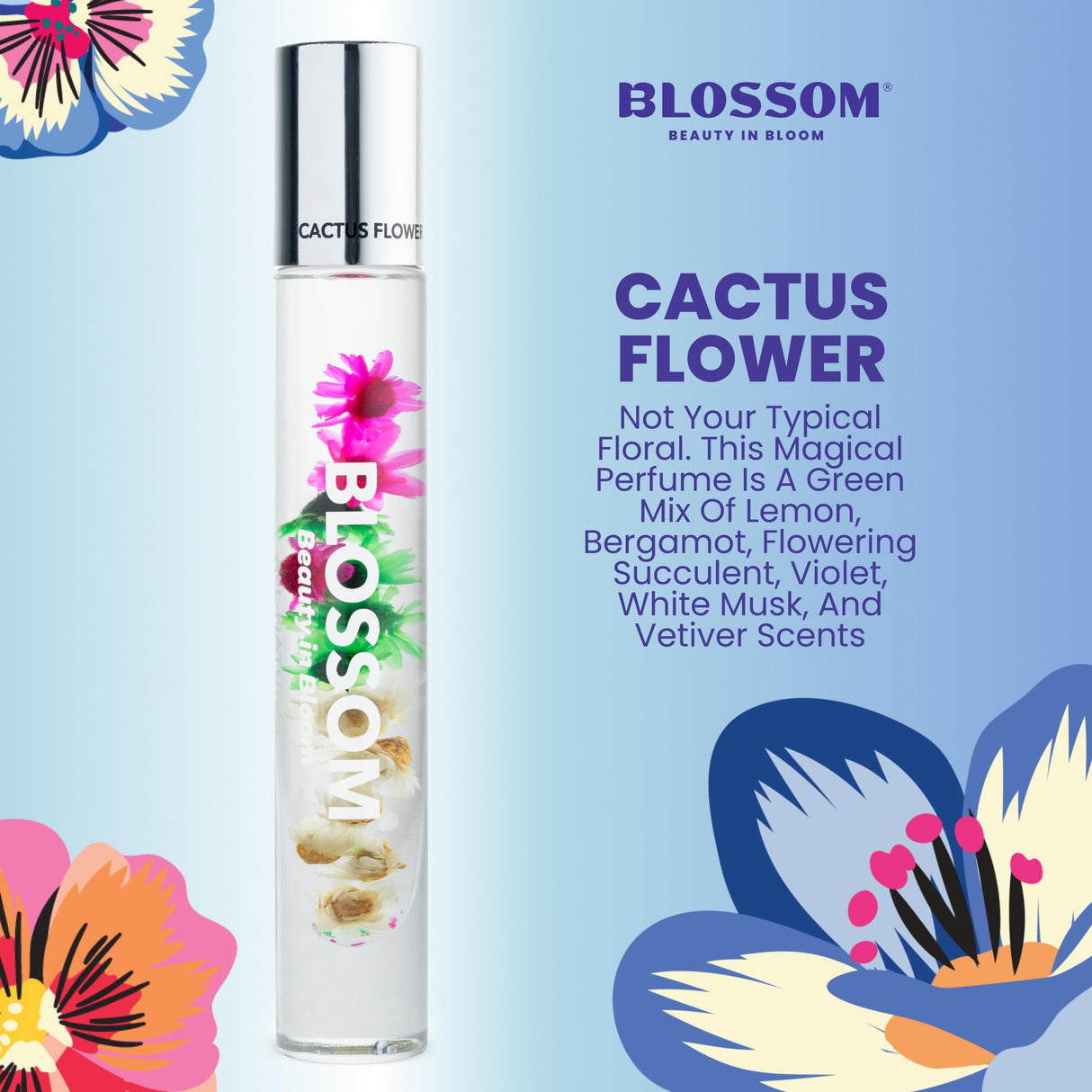 Blossom Roll on Perfume Oil for Women, Alcohol Free Rollerball Perfume with Essential Oil, Infused with Real Flowers, Made in USA, 0.20 oz (Lemon, Bergamot, Violet, White Musk), Cactus Flower