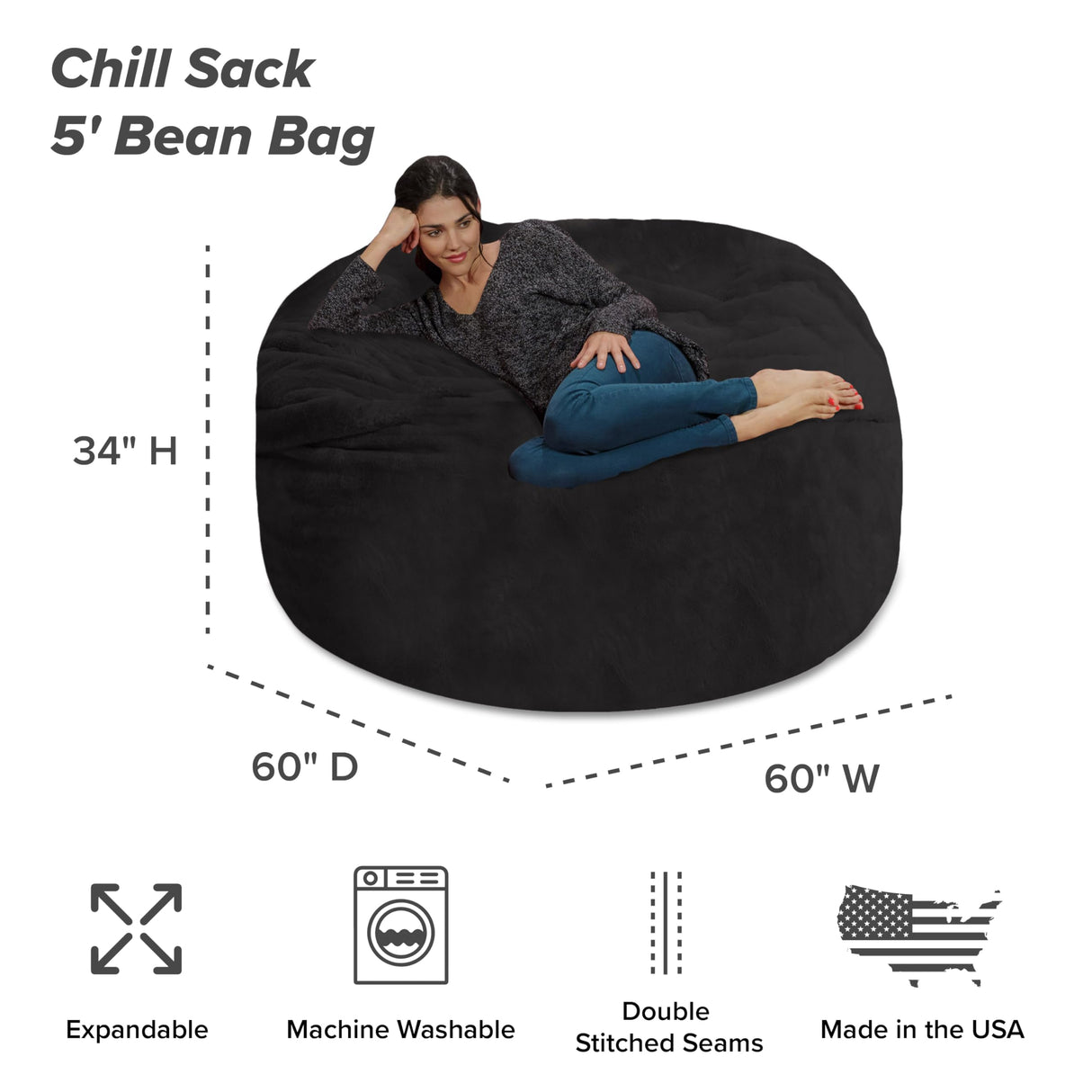 Chill Sack Bean Bag Chair: Giant 5' Memory Foam Furniture Bean Bag - Big Sofa with Soft Micro Fiber Cover - Black