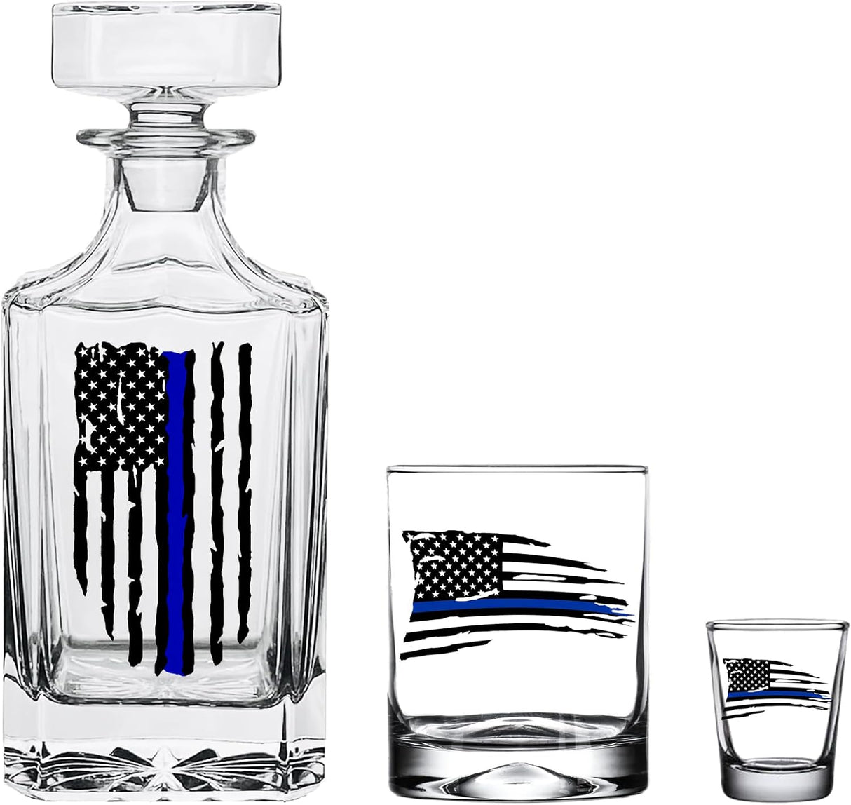 Blue Line Tattered Flag Bar ware Bundle Police Officer Whiskey, Decanter With heavy Glass Stopper, Shot Glass Custom Gift Set For Men Dad Veteran Father's Day PD Police Officer Combo