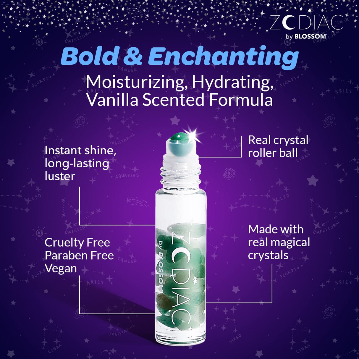 Blossom Zodiac Sign Roll-On Lip Gloss, Vanilla Scented + Moisturizing with Crystals, Made in USA, 0.20 fl. oz./5.9ml, Aquarius