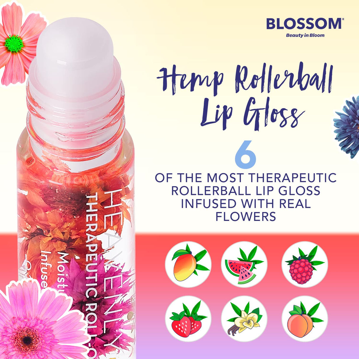Blossom Scented Roll on Lip Gloss, Infused with Real Flowers, Made in USA, 0.20 fl. oz./5.9ml, Watermelon