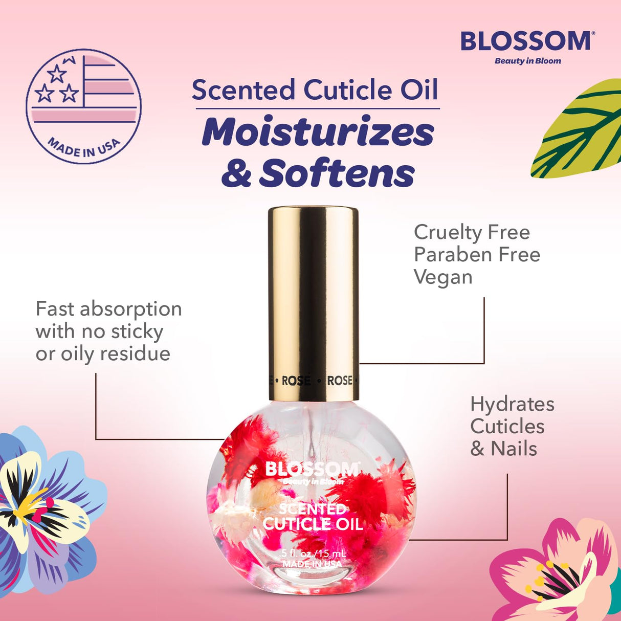 Blossom Scented Cuticle Oil, Infused with Real Flowers, Hydrating, Moisturizing, Strengthening, Made in USA, 0.5 fl. oz, Amazon Exclusive, Watermelon