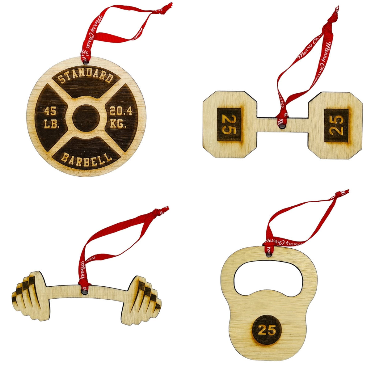 Wooden Weightlifting Christmas Tree Ornament 4 Piece Set, Including Weight Plate, Barbell, Kettlebell, and Dumbbell, Laser Etched, Made in The USA, Weightlifting Gift, Fitness Ornament