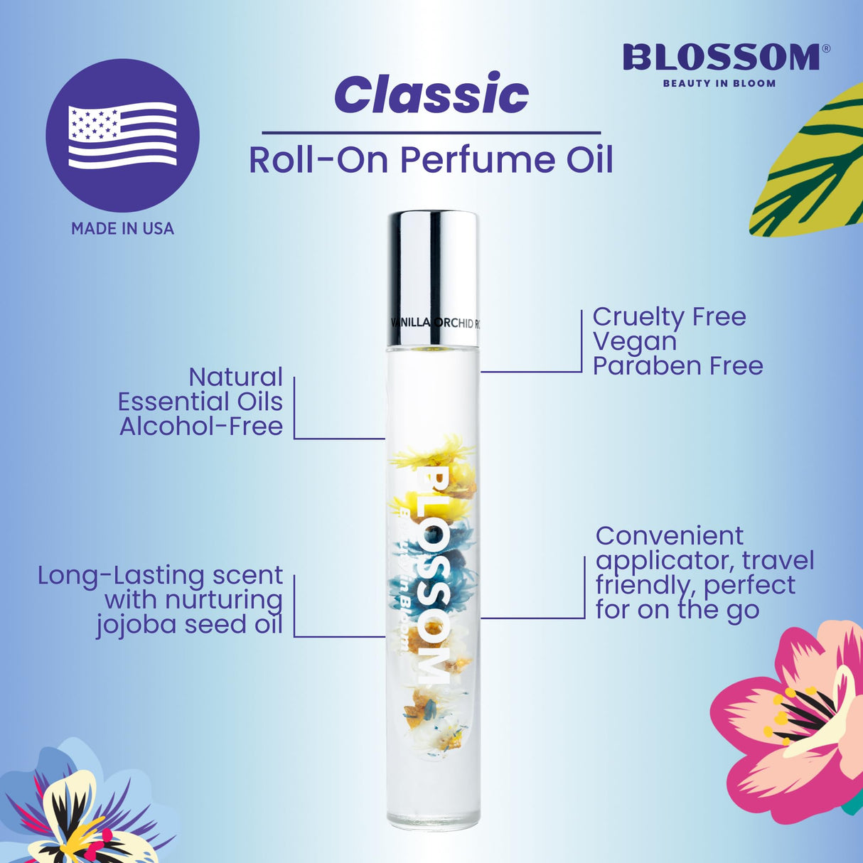 Blossom Roll on Perfume Oil for Women, Alcohol Free Rollerball Perfume with Essential Oil, Infused with Real Flowers, Made in USA, 0.20 oz (Lemon, Bergamot, Violet, White Musk), Cactus Flower